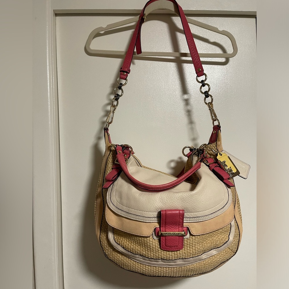 Coach Madison Pinnacle Straw Eva Satchel Bag in Guava